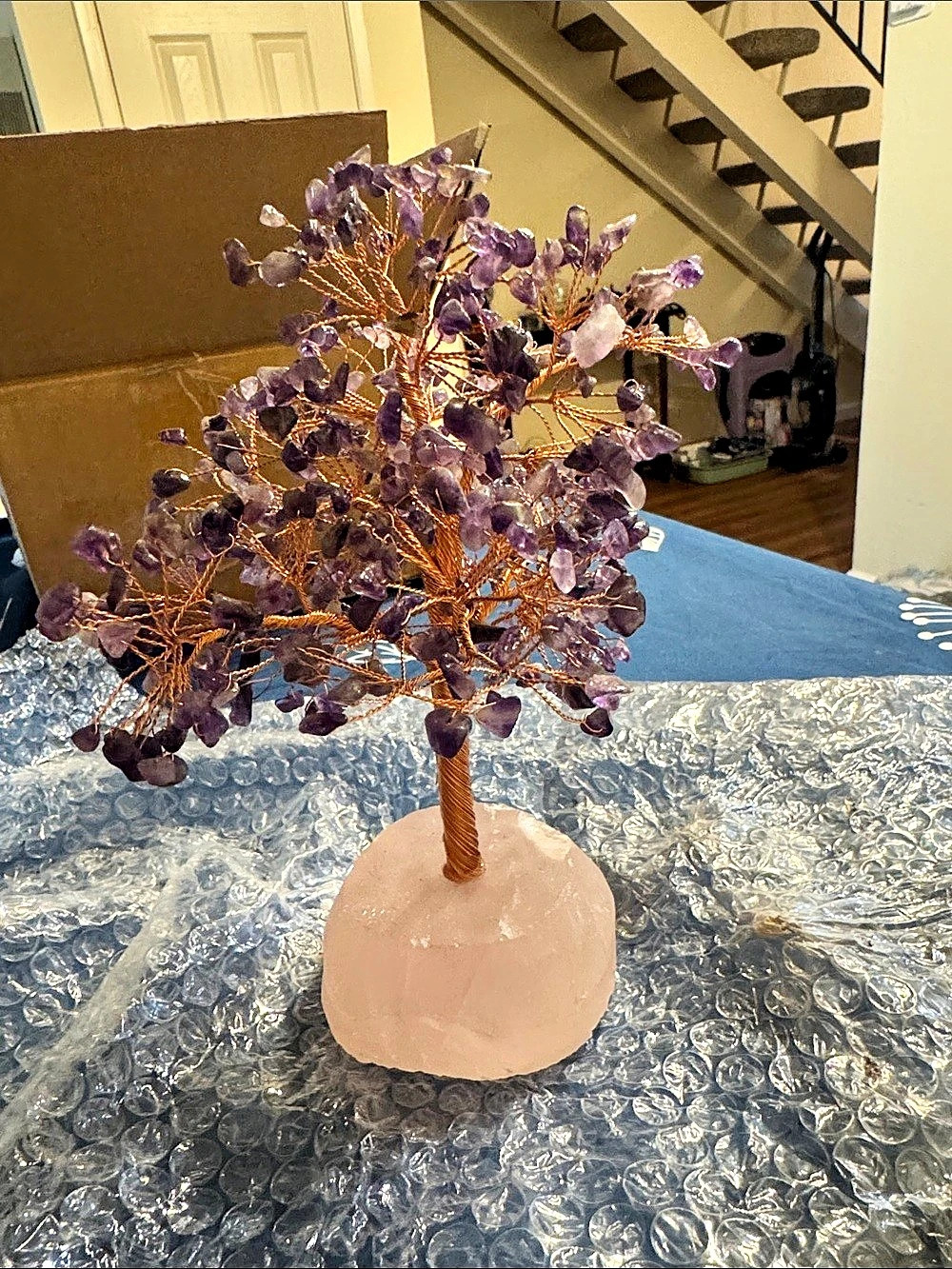 Amethyst Crystal Gemstone Money Tree with Rose Quartz Base Purple Amethyst